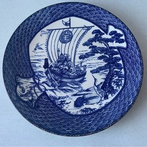 7 Lucky Men 12 Inch Antique Japanese Vintage Blue And White Plate